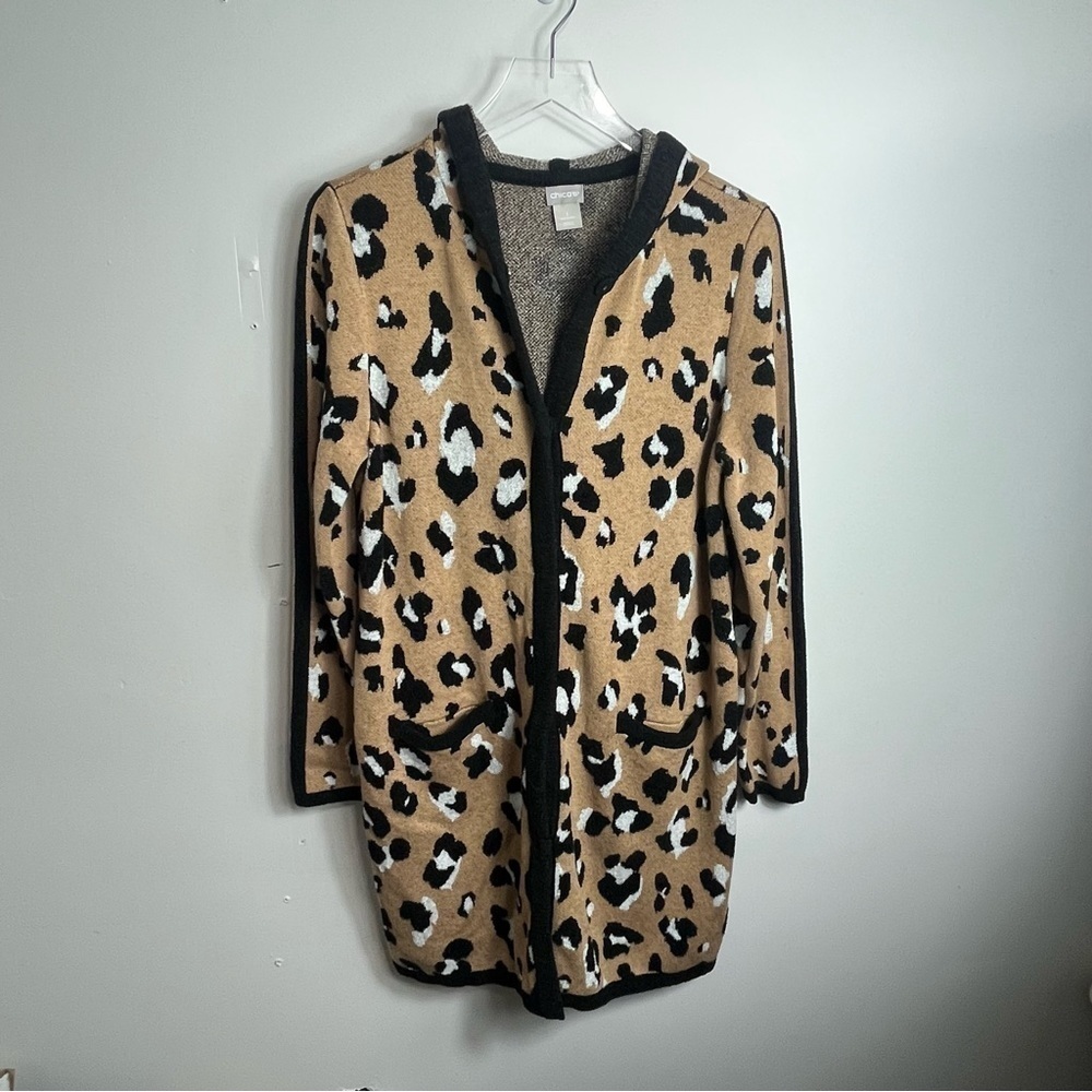 Chico's Leopard Print Long Hooded Cardigan Sweater size Medium 1